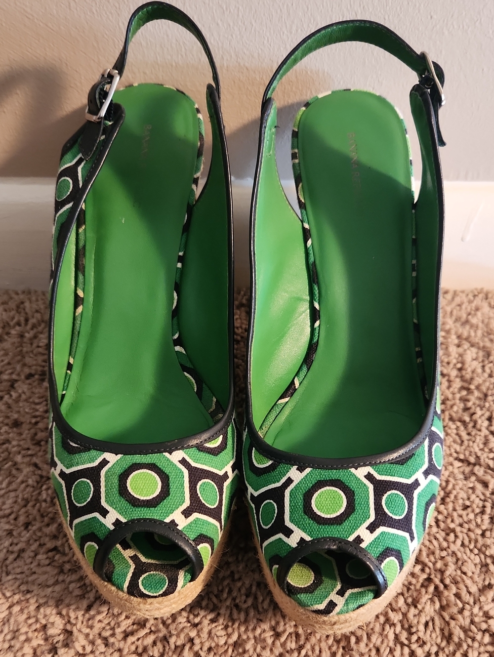 Banana Republic Green/Navy Geometric Slingback Peep-Toe Wedges